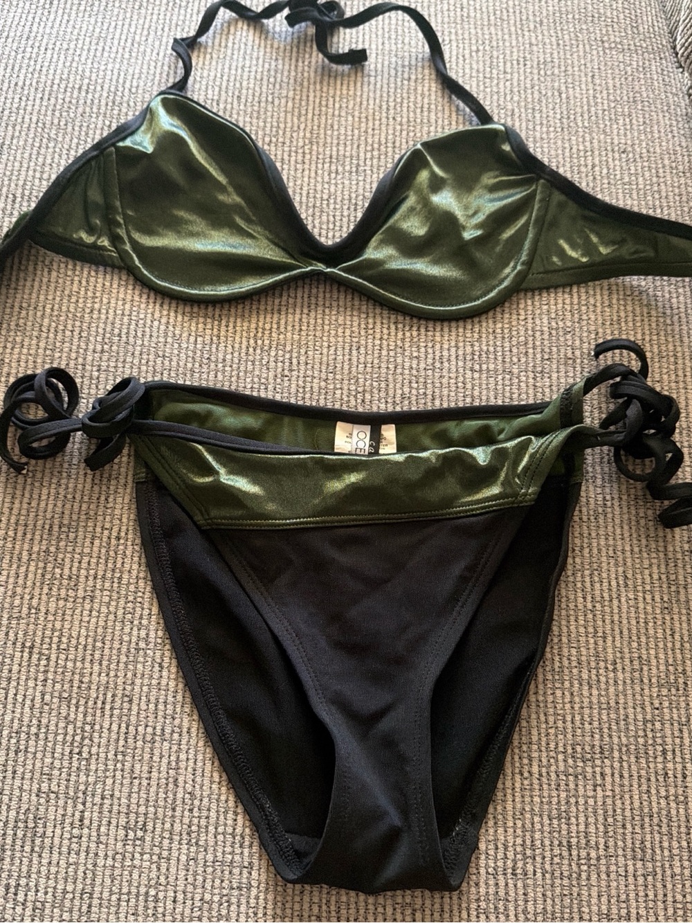 Vintage Catalina Ocean Gear Army Green Metallic Black String Bikini M Under Wire